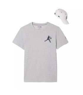 Pack Camiseta Boné de Tênis Lacoste x Novak Djokovic Cinza Mesclado Branco