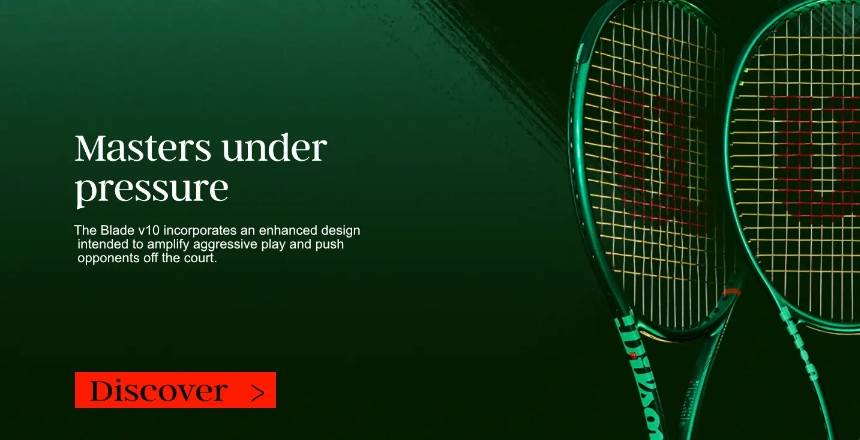 Wilson Blade v10 banner with three tennis rackets and a message about control, pressure and aggressive play