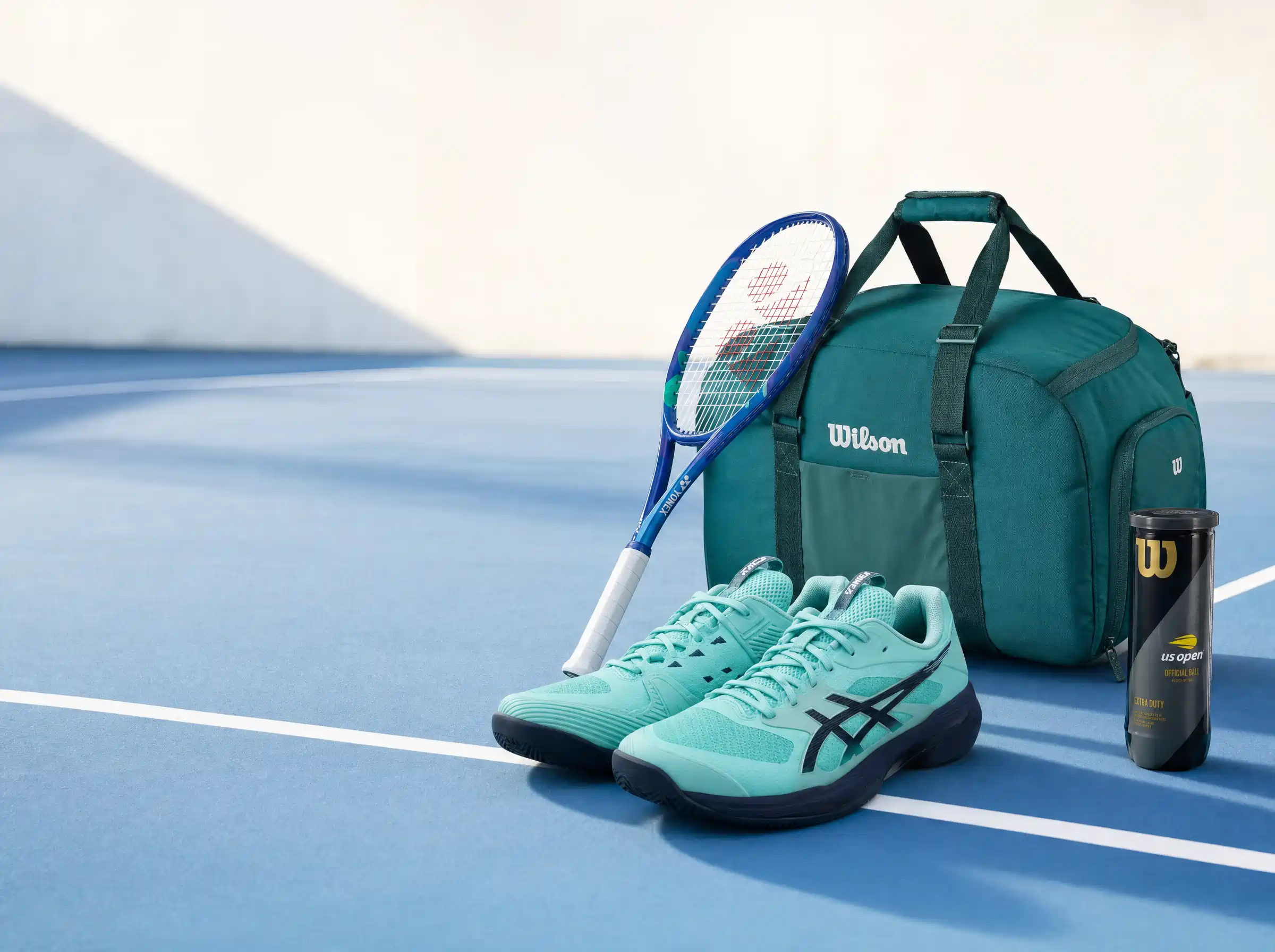 Material de tenis Ipontennis con raquetas, zapatillas y accesorios sobre pista