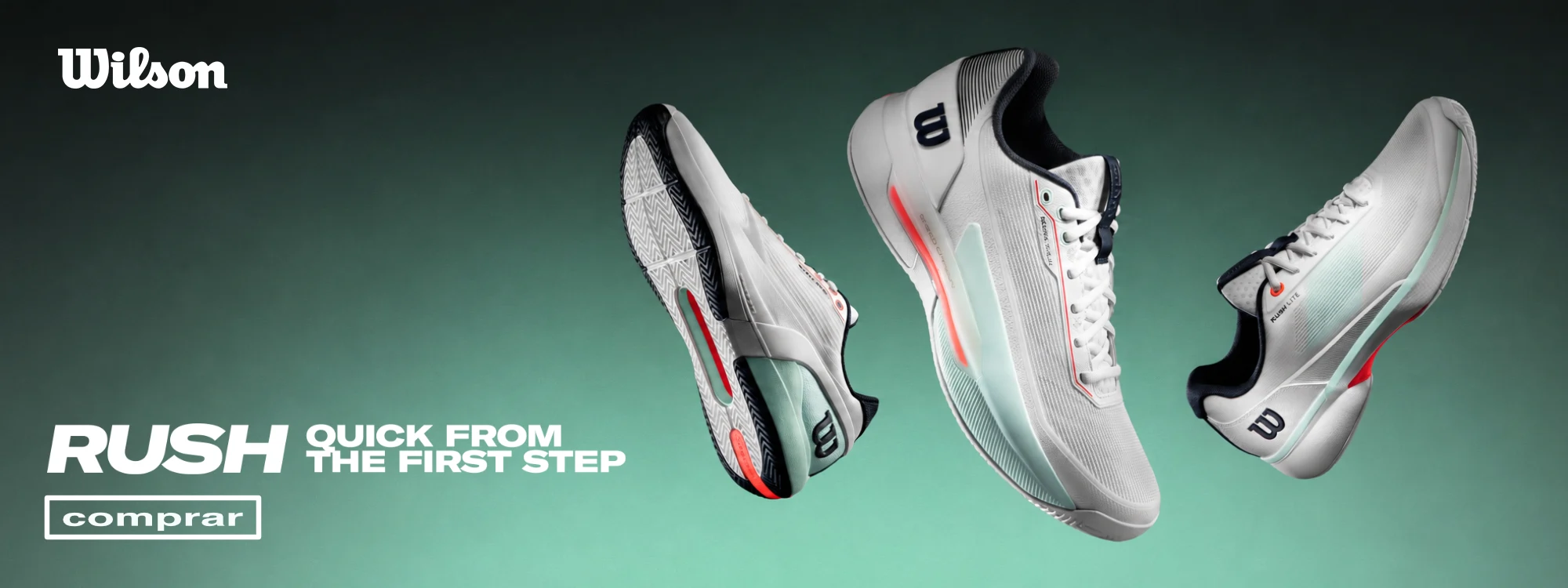 Zapatillas de tenis Wilson Rush Lite 5 en banner promocional con diseño deportivo